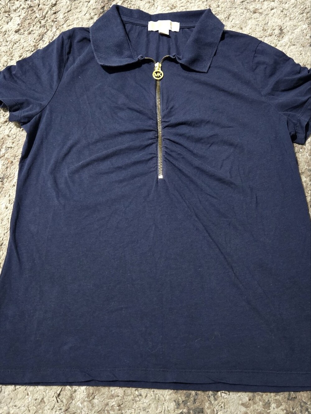 Michael Kors Navy Short-Sleeve Zip Polo Top with Gold MK Pull - Size XL